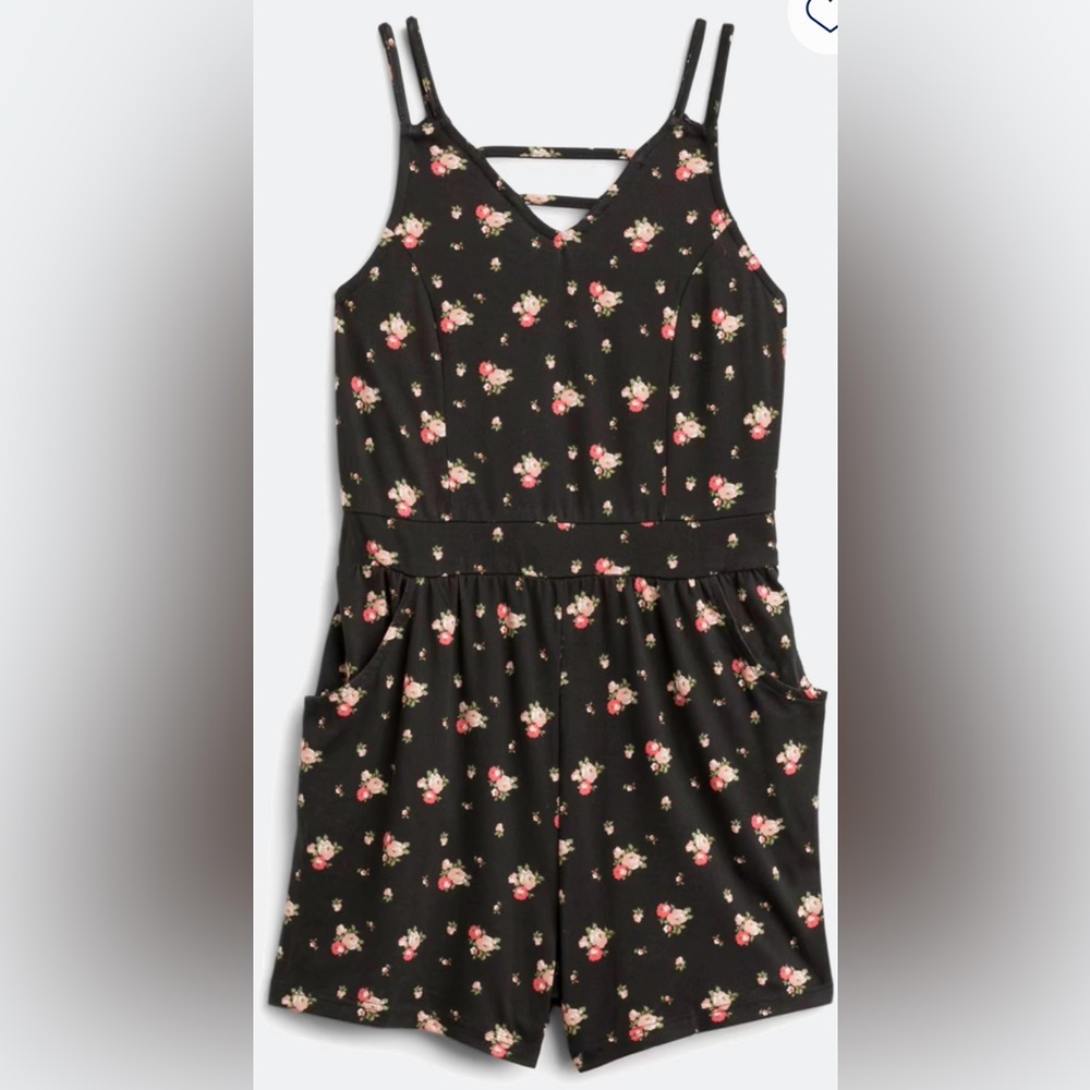 NWT Chenault Girl Floral Black Kids Romper w Lattice Back and Pockets - Size 14